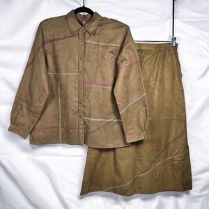 Vintage Koret Petites Shirt & Skirt Set Woman Large Brown Faux Suede Embroidered